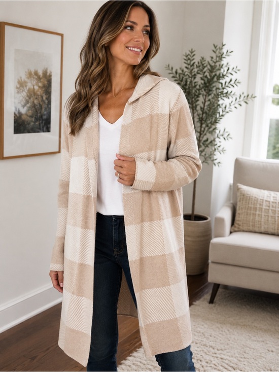 Chico's Sweaters - Chico's Beige and Cream Plaid Longline Hooded Cardigan